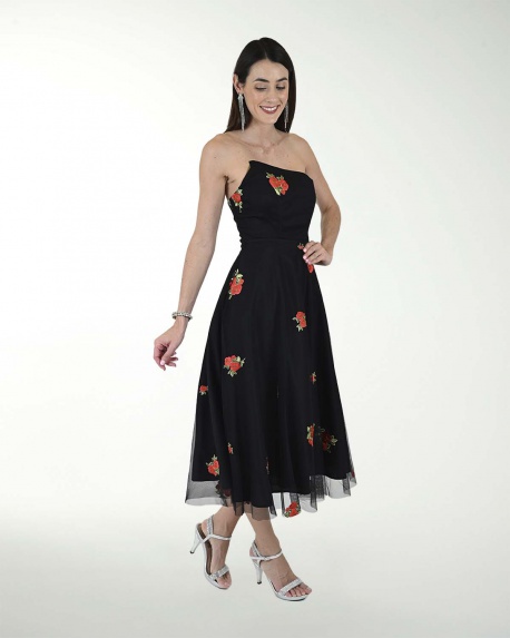 VESTIDO CC BORDADO STRAPLESS LARGO MIDI