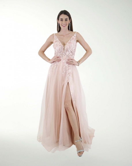 VESTIDO SY GRAN GALA  CON APLICACION DE BORDADO Y TRANSPAREN