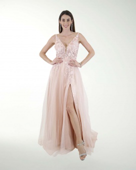 VESTIDO SY GRAN GALA  CON APLICACION DE BORDADO Y TRANSPAREN