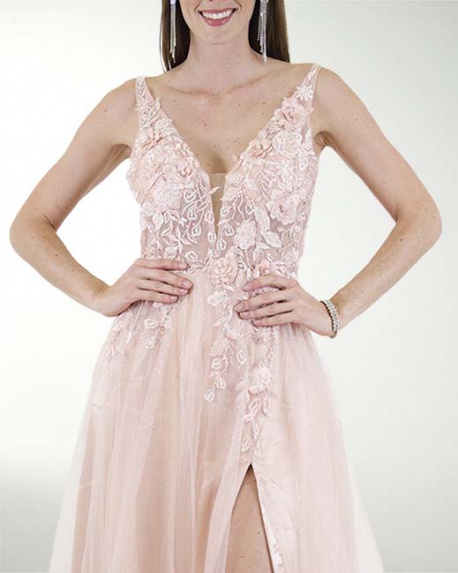 VESTIDO SY GRAN GALA  CON APLICACION DE BORDADO Y TRANSPAREN