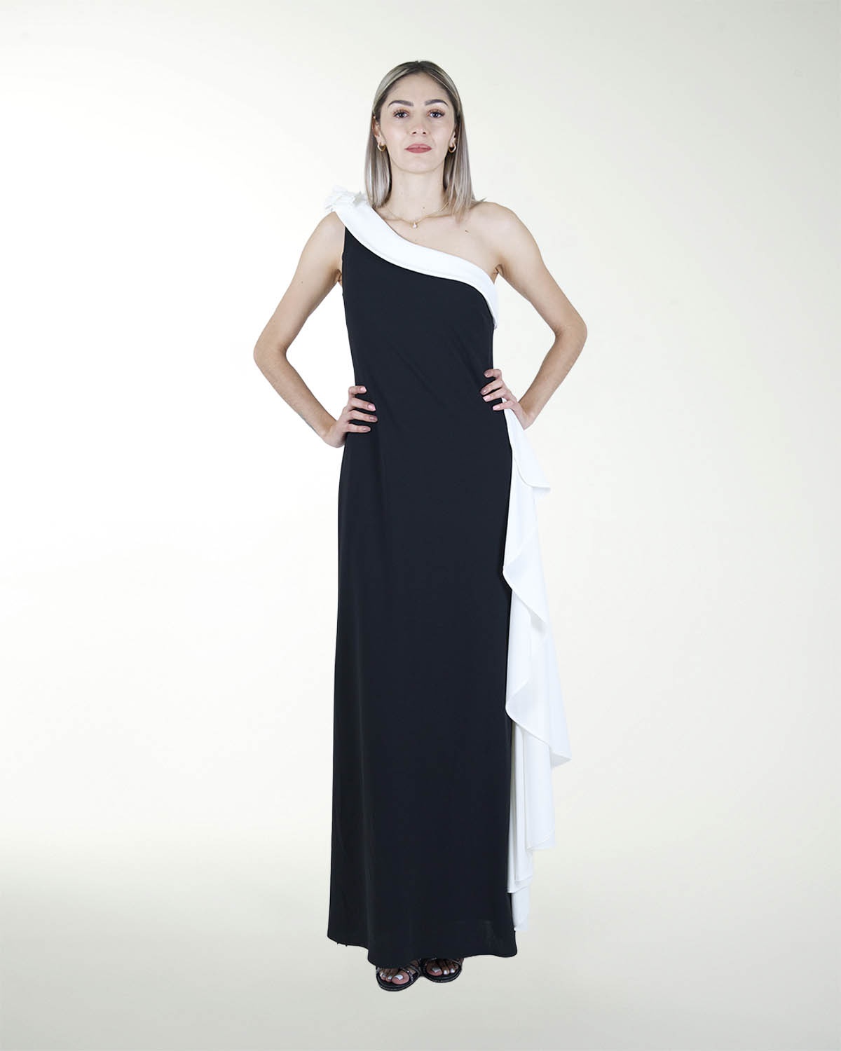 VESTIDO CL DE UN HOMBRO BICOLOR