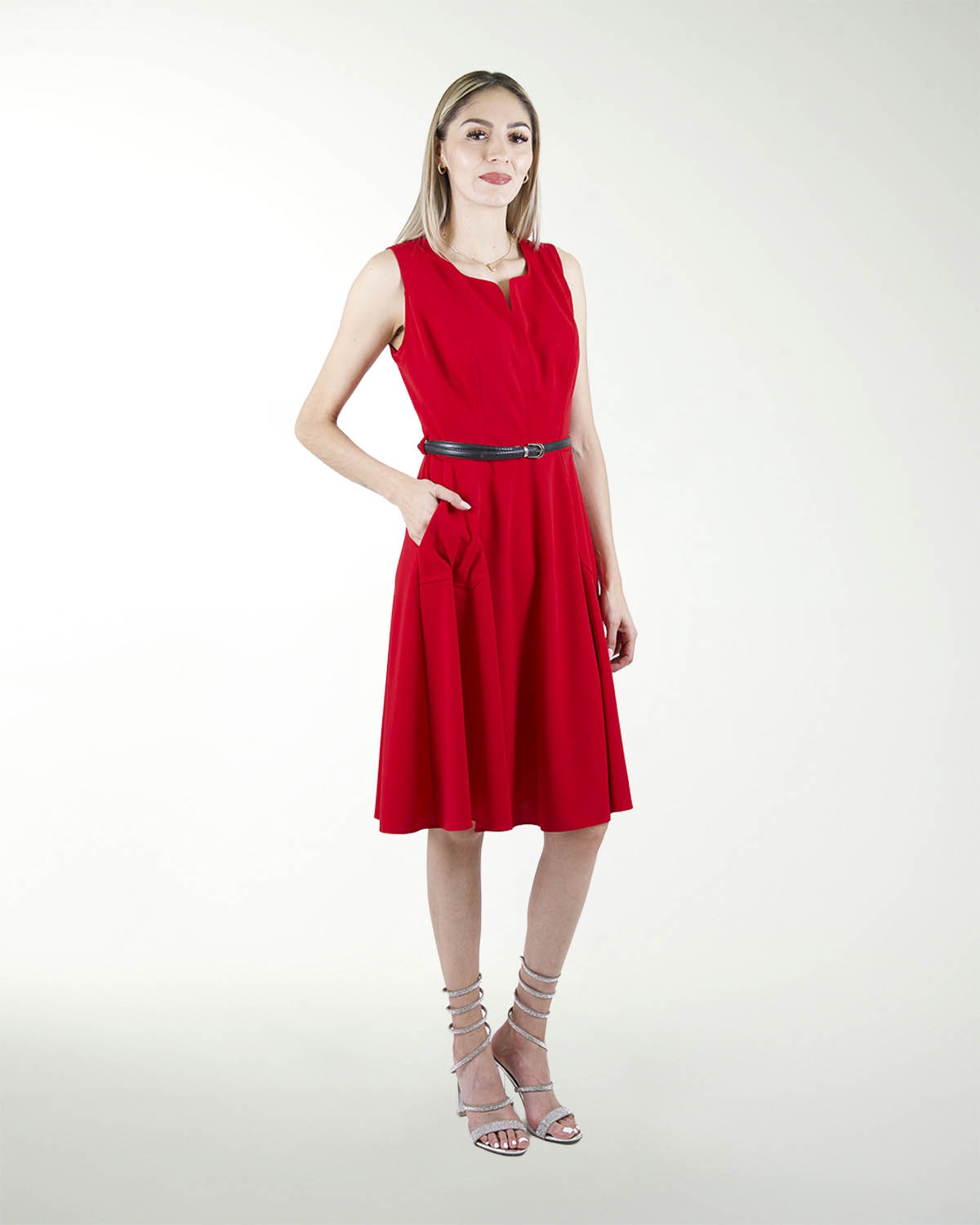 VESTIDO CA LISO CON BOLSAS Y CINTURON