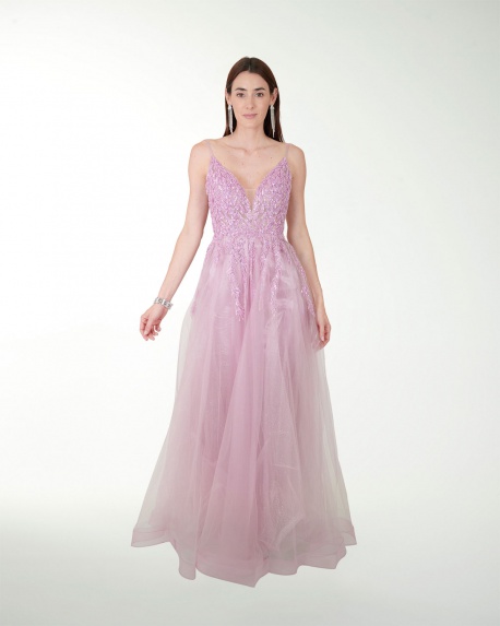 VESTIDO SY GRAN GALA  CON APLICACION Y FALDA BITONO