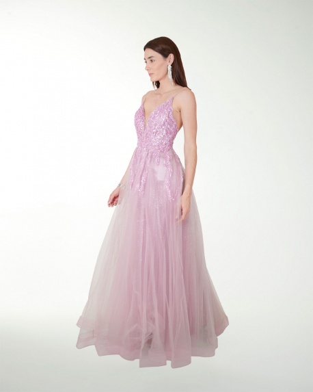 VESTIDO SY GRAN GALA  CON APLICACION Y FALDA BITONO