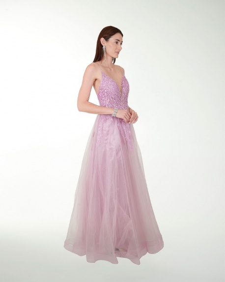 VESTIDO SY GRAN GALA  CON APLICACION Y FALDA BITONO