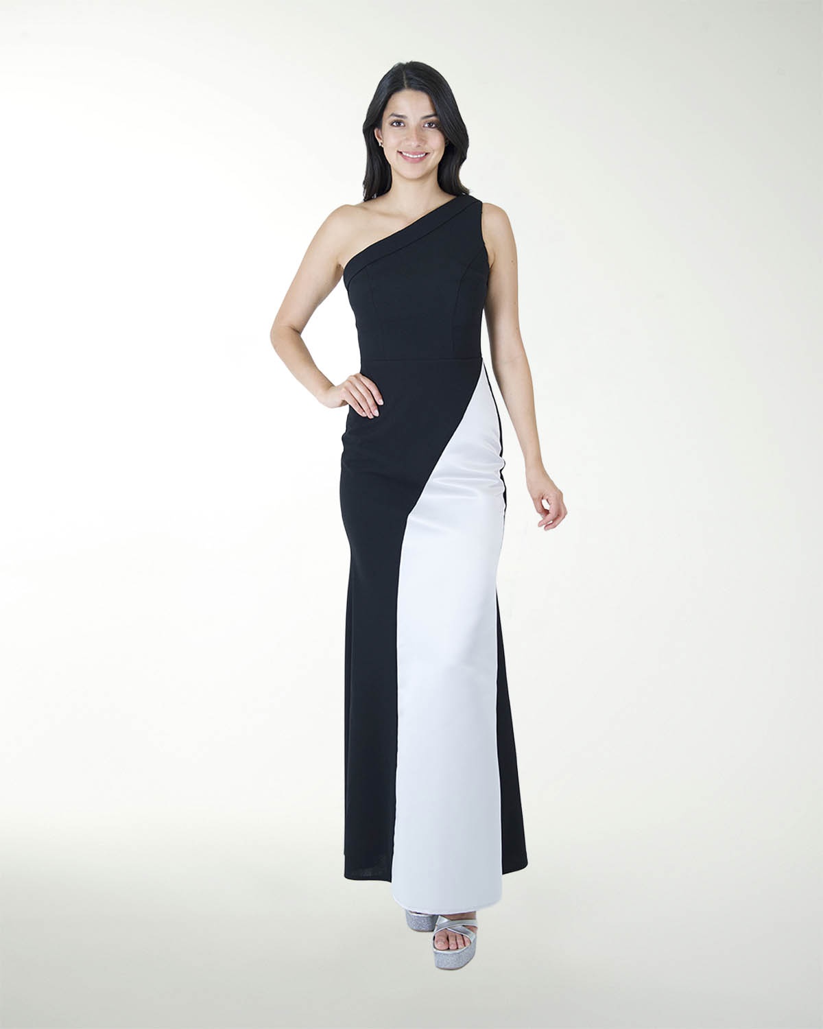 VESTIDO CL DE UN HOMBRO BICOLOR