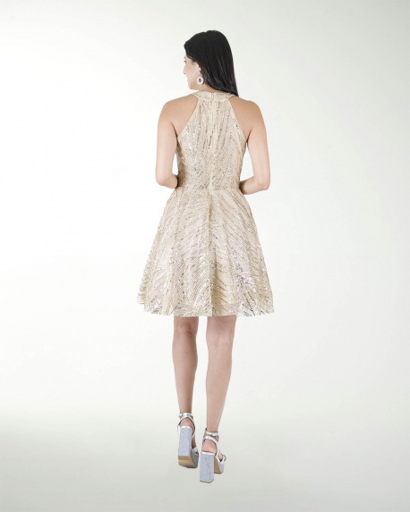 VESTIDO CC HALTER EN TELA BRILLOSA