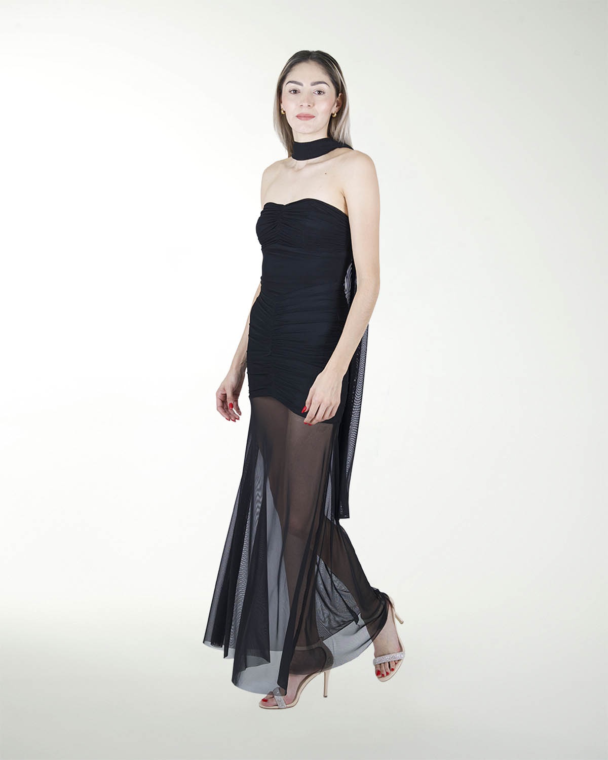 VESTIDO CL CON TRANSPARENCIA EN FALDA