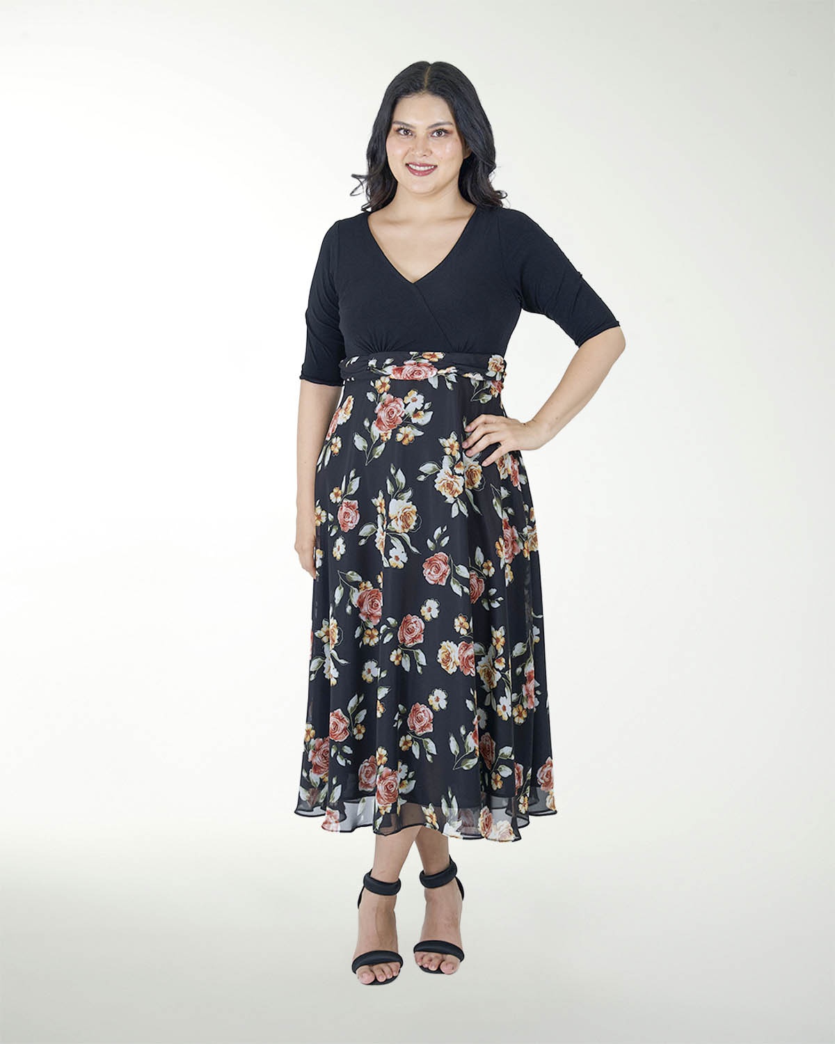 VESTIDO TV FALDA ESTAMPADA MANGA 3/4