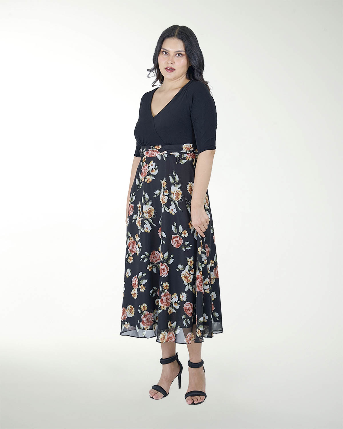 VESTIDO TV FALDA ESTAMPADA MANGA 3/4