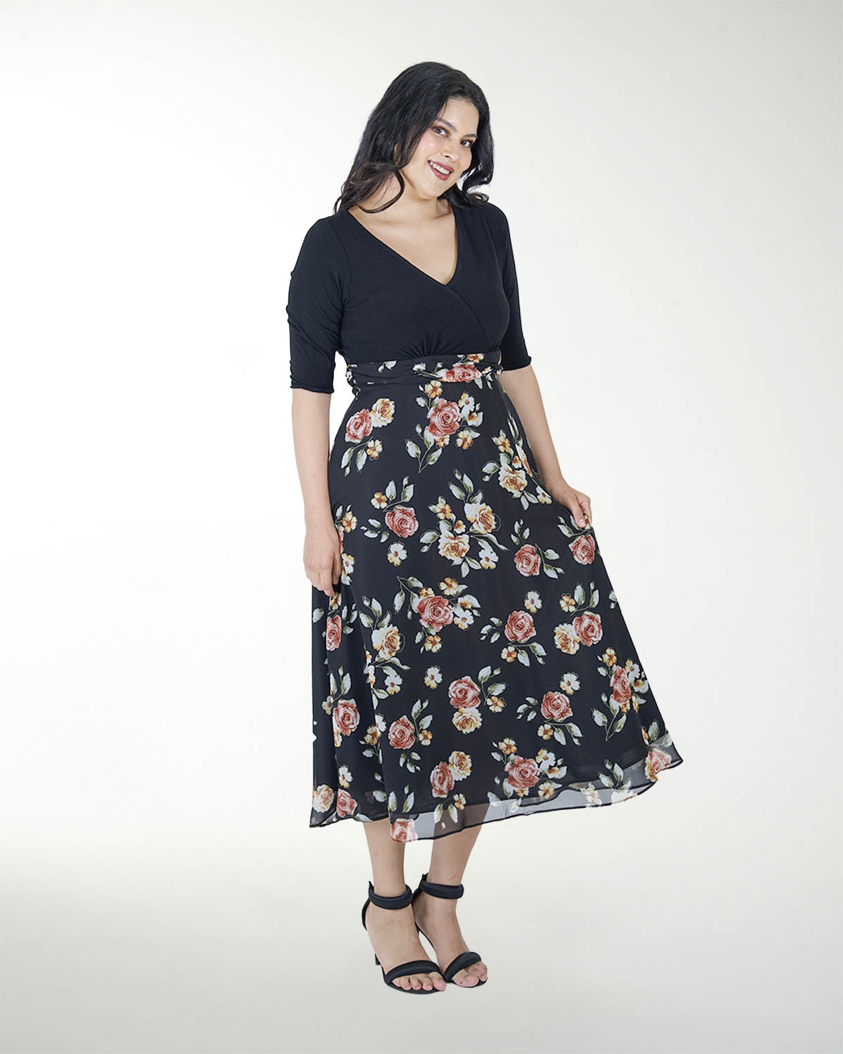 VESTIDO TV FALDA ESTAMPADA MANGA 3/4