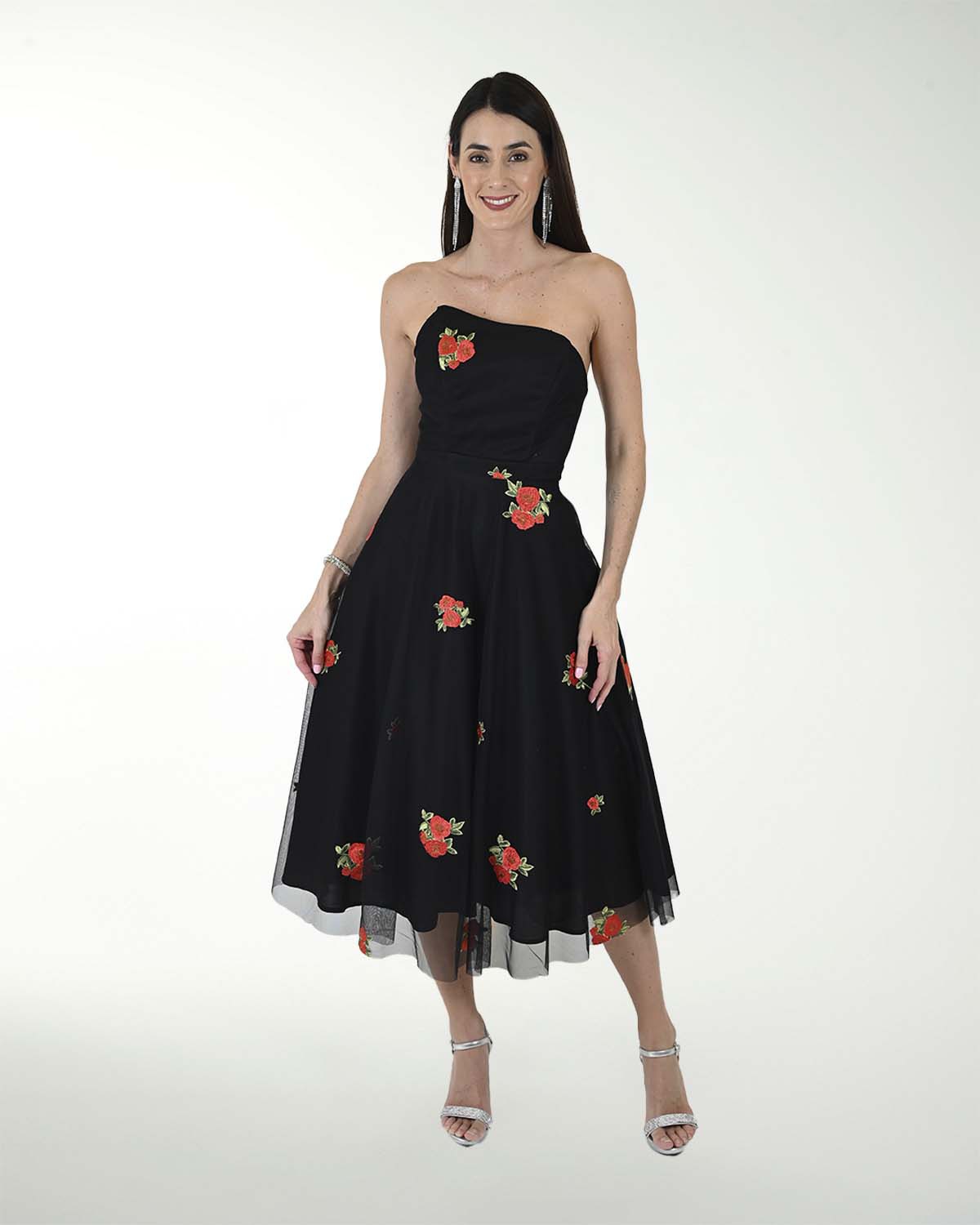VESTIDO CC BORDADO STRAPLESS LARGO MIDI