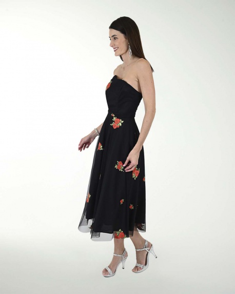 VESTIDO CC BORDADO STRAPLESS LARGO MIDI