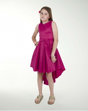 VESTIDO NI 12-014-16 TAFETA LISO CON TABLONES CORTE IRREGULA