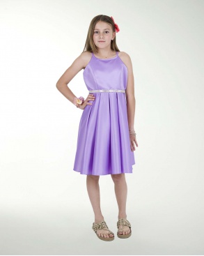 VESTIDO NI 12-14-16 RASO LISO CON TABLONES Y ADORNO